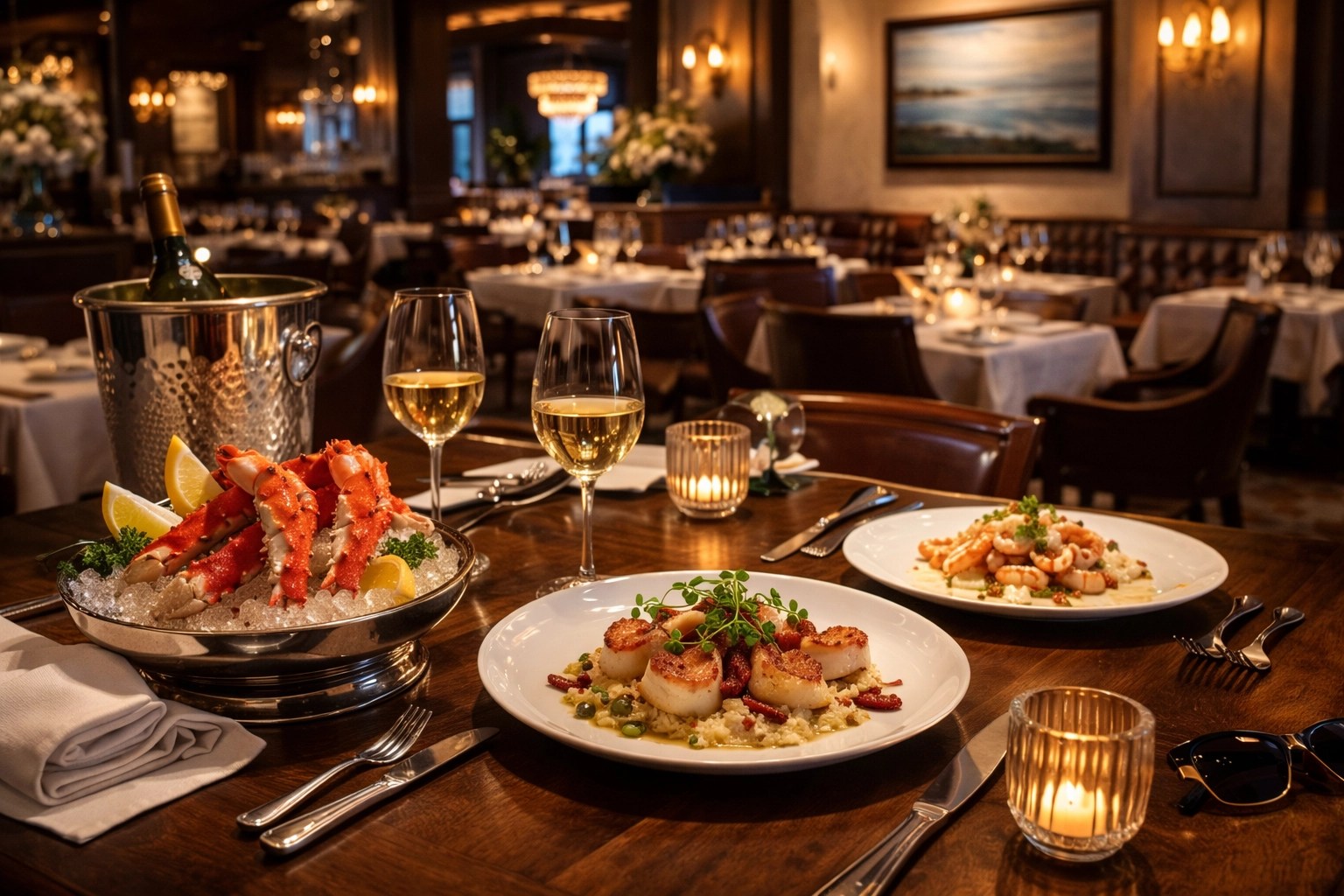 Upscale seafood restaurant interior with elegant plated crab legs, scallops, and shrimp in a luxurious fine-dining setting.
