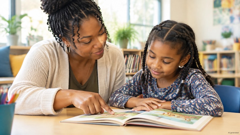 IEP evaluation: Black girl getting one-on-one reading support from a teacher in a bright classroom