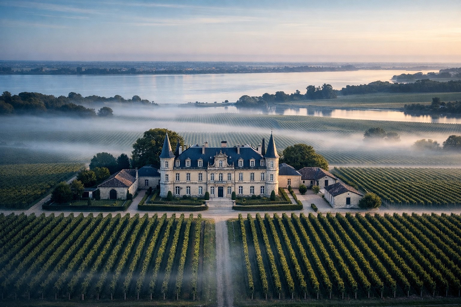 Bordeaux Grand Cru château estate with vineyard rows from above