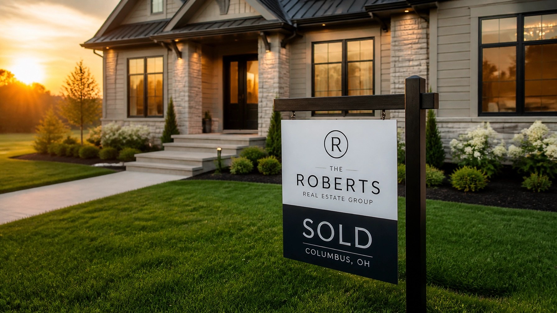 A professional real estate 'SOLD' sign standing in the manicured front yard of a beautiful contemporary home in Ohio.