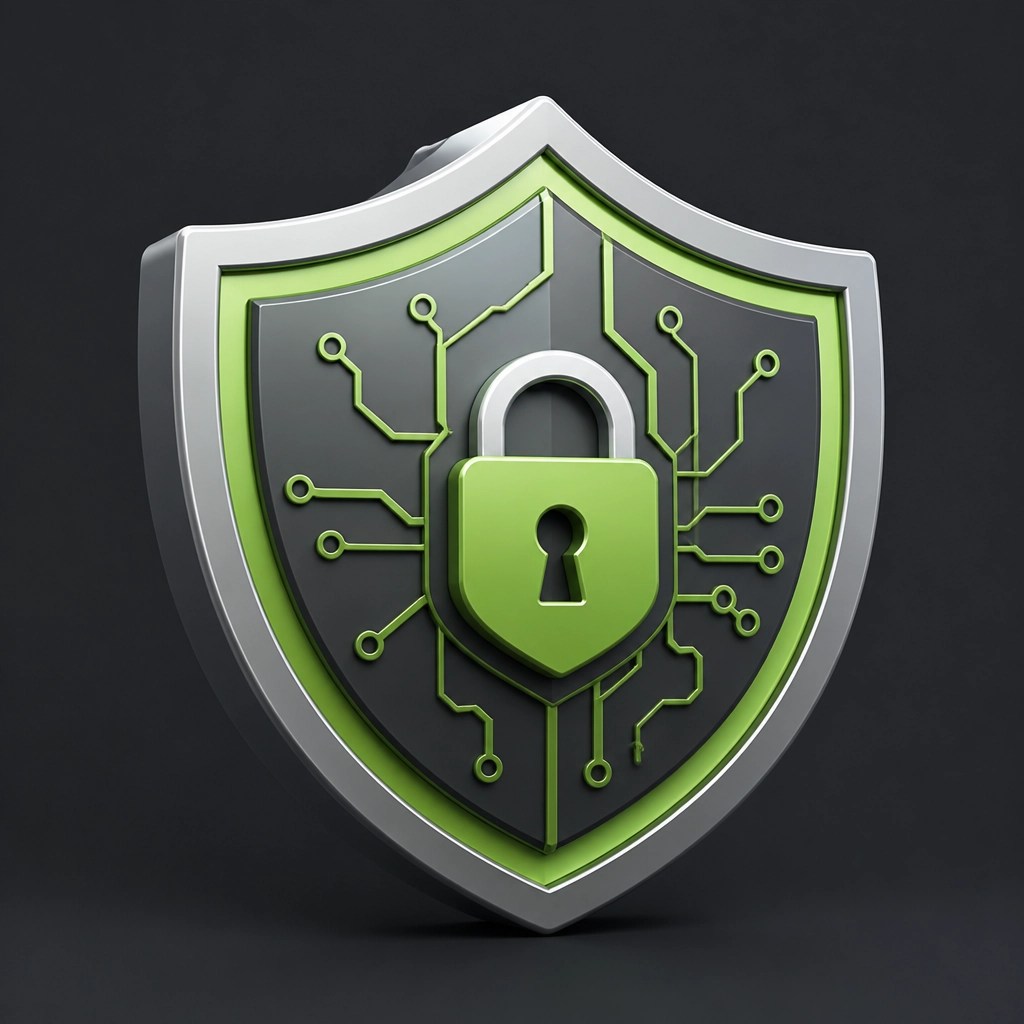 A 3D digital illustration of a digital shield icon with network circuitry patterns, representing cybersecurity and network protection.