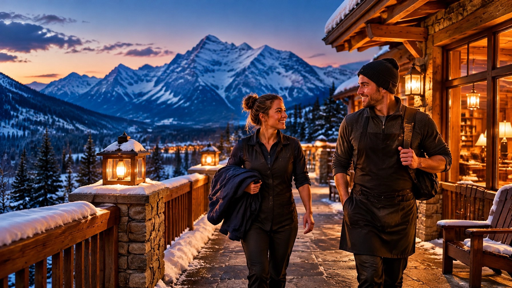 Seasonal hospitality workers outside a warmly lit alpine lodge at dusk