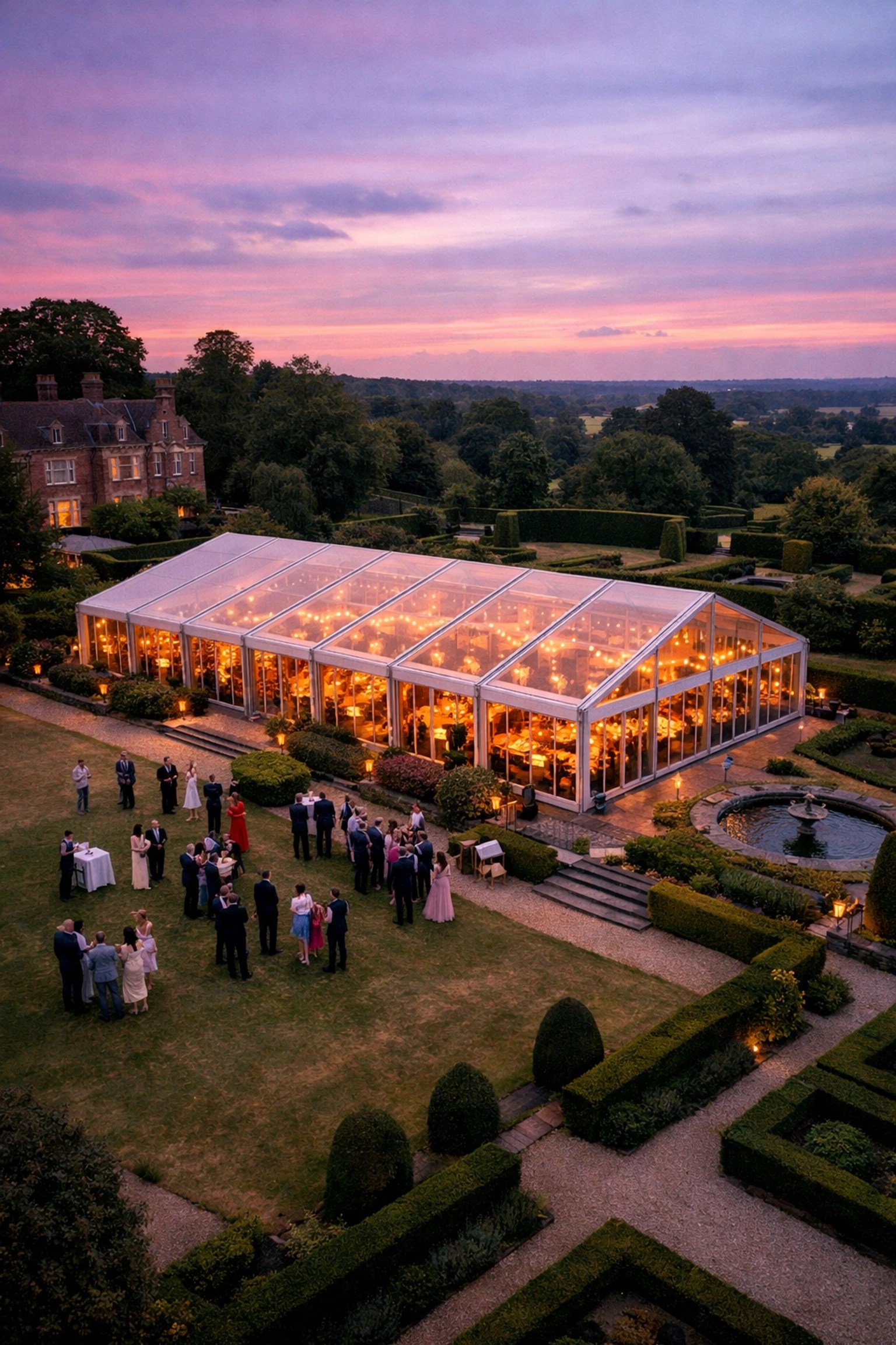 Aerial view of a luxury marquee wedding venue on a historic Kent estate at twilight