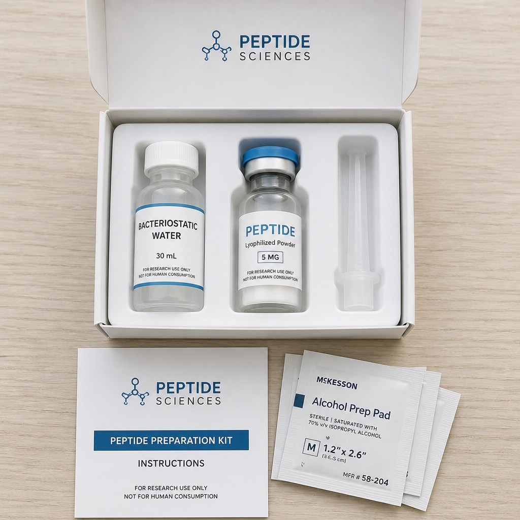 Top-down view of a professional peptide preparation kit