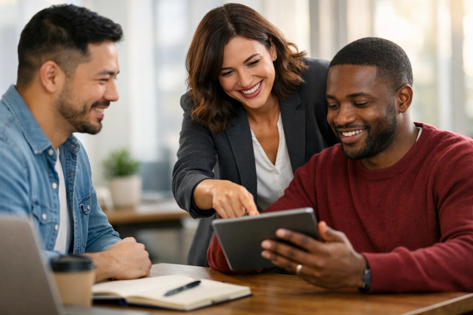 A professional team collaborates on AI adoption, highlighting the human element in operations consulting.