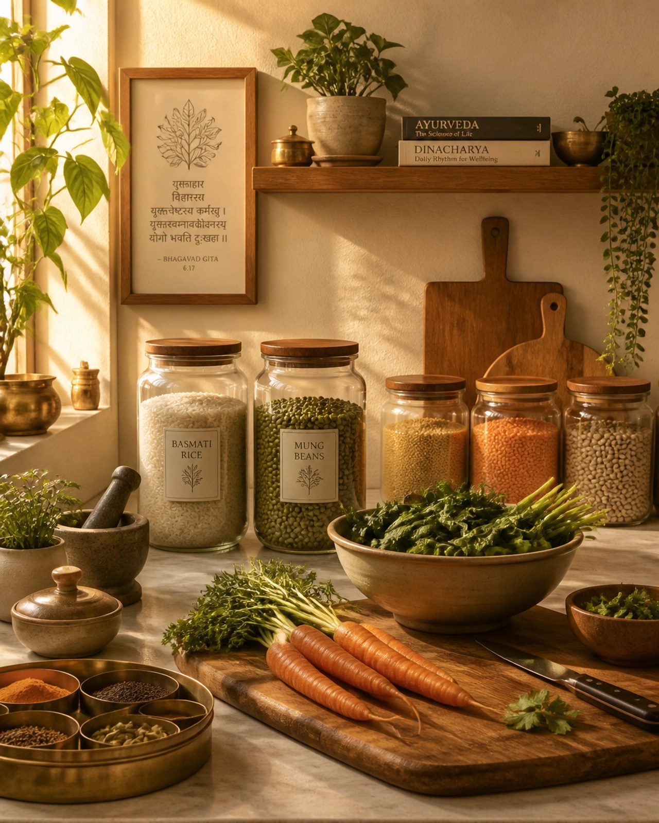 A serene kitchen setting with jars of grains and fresh seasonal vegetables, emphasizing the importance of intentional meal preparation.