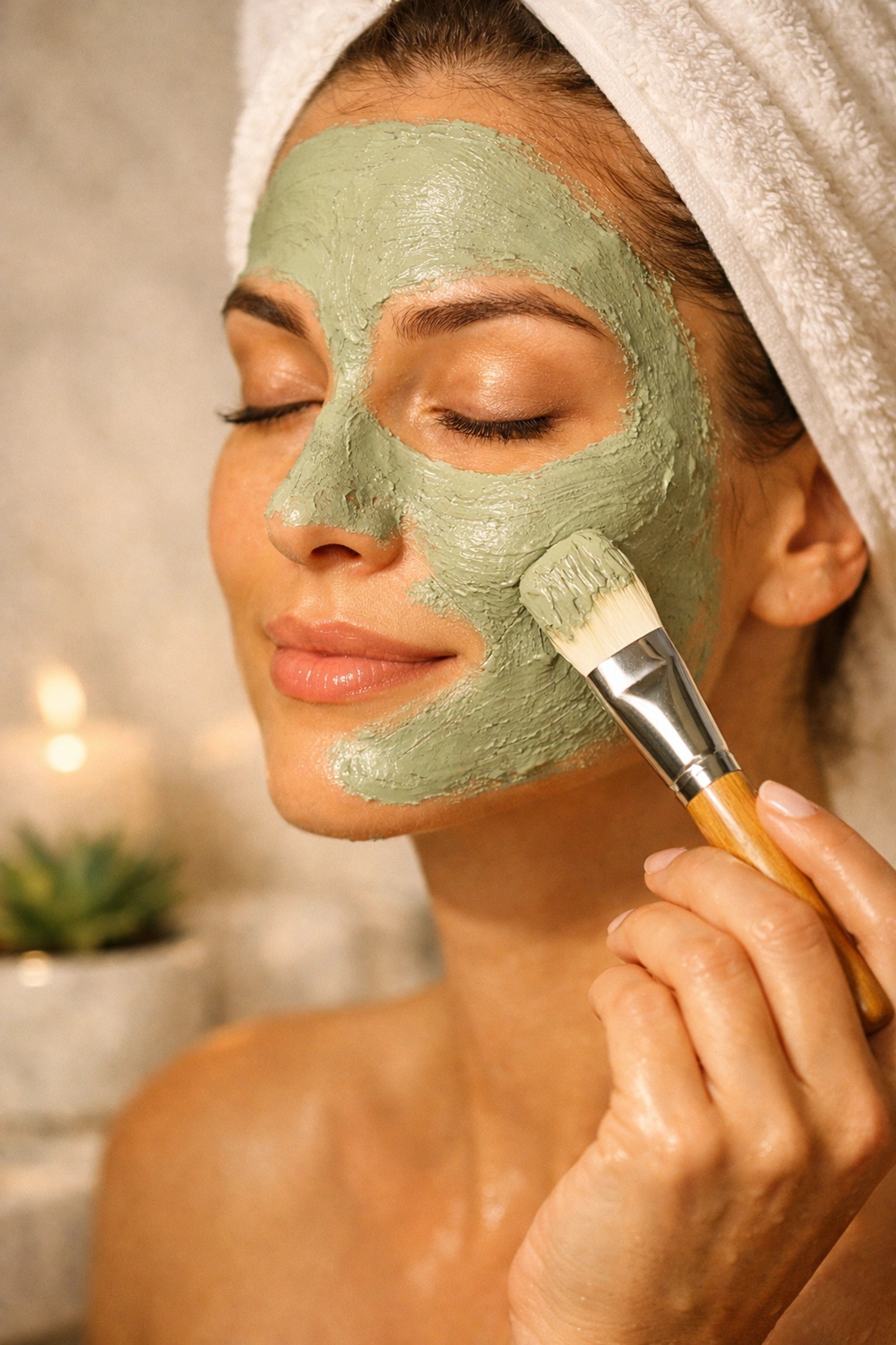A person applying a smooth green clay mask with a brush for professional skin care.