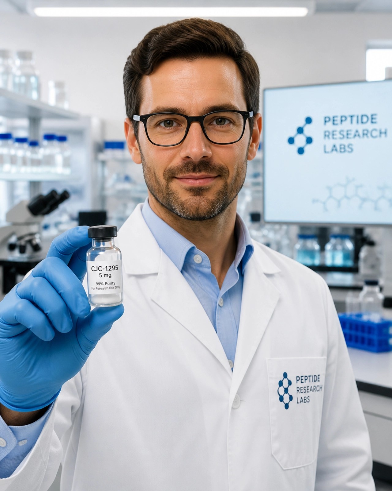 Researcher in clinical setting examining peptide vials