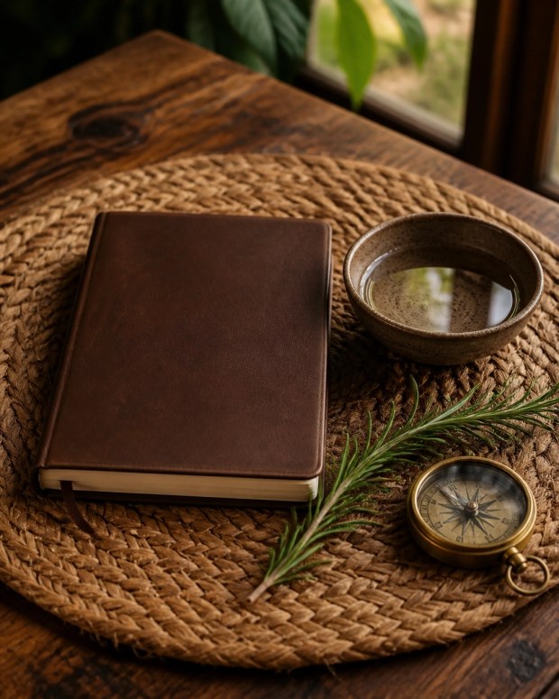A journal, water bowl, rosemary, and compass arranged for a quiet opening ritual