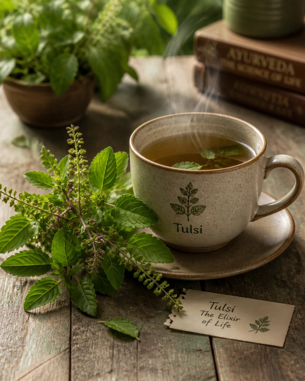 A calming cup of Tulsi tea beside fresh holy basil leaves, emphasizing the ritual of stress reduction through herbal wisdom.