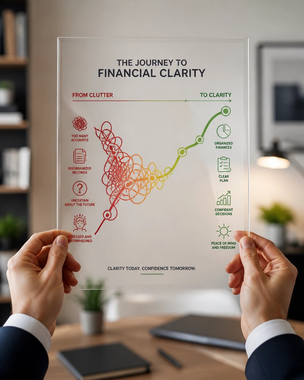 Hands holding a transparent chart that transitions from red/complex to green/clear, representing the journey to financial clarity.