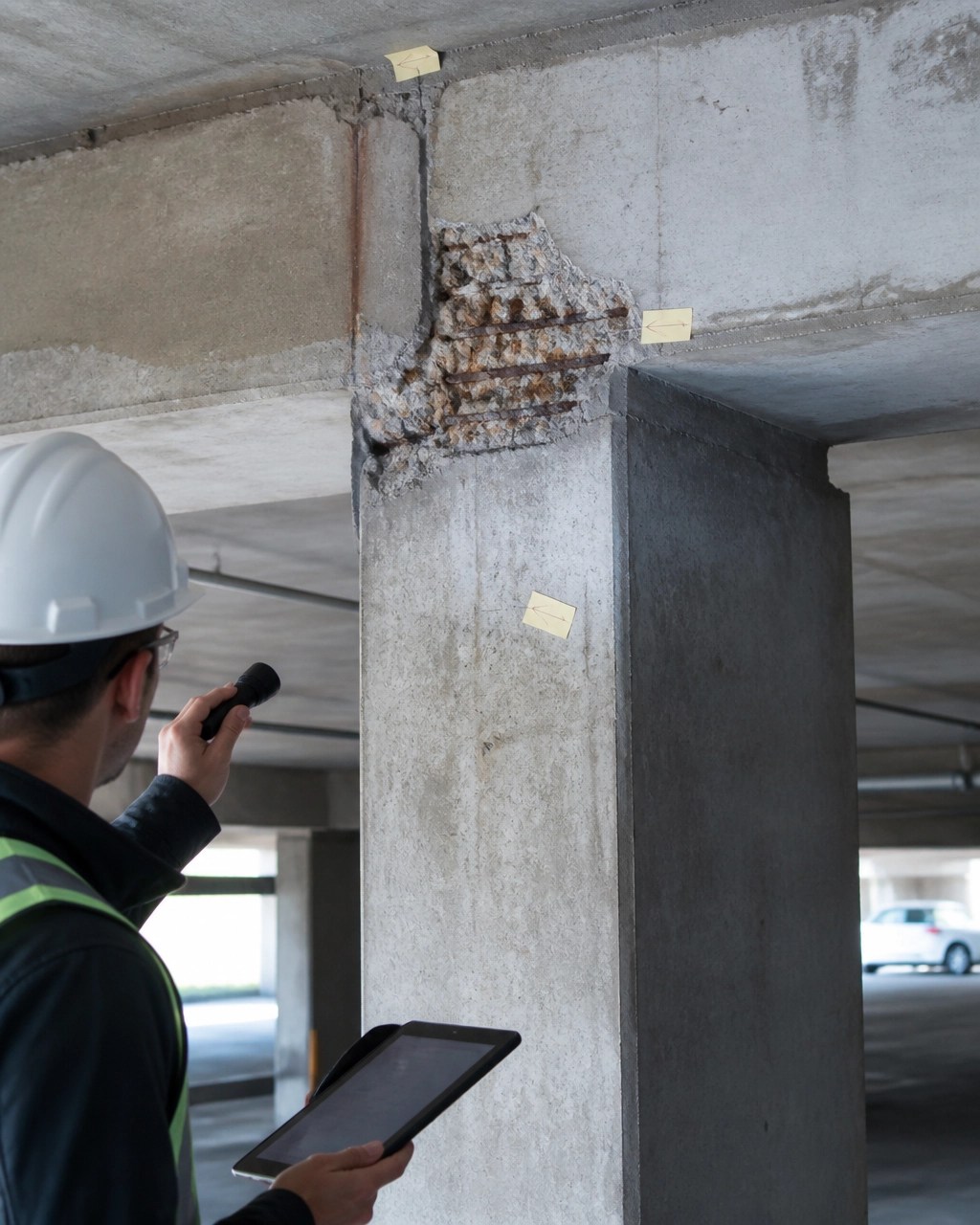 Structural engineer visually examining a reinforced concrete beam-column connection in a New Jersey condominium garage