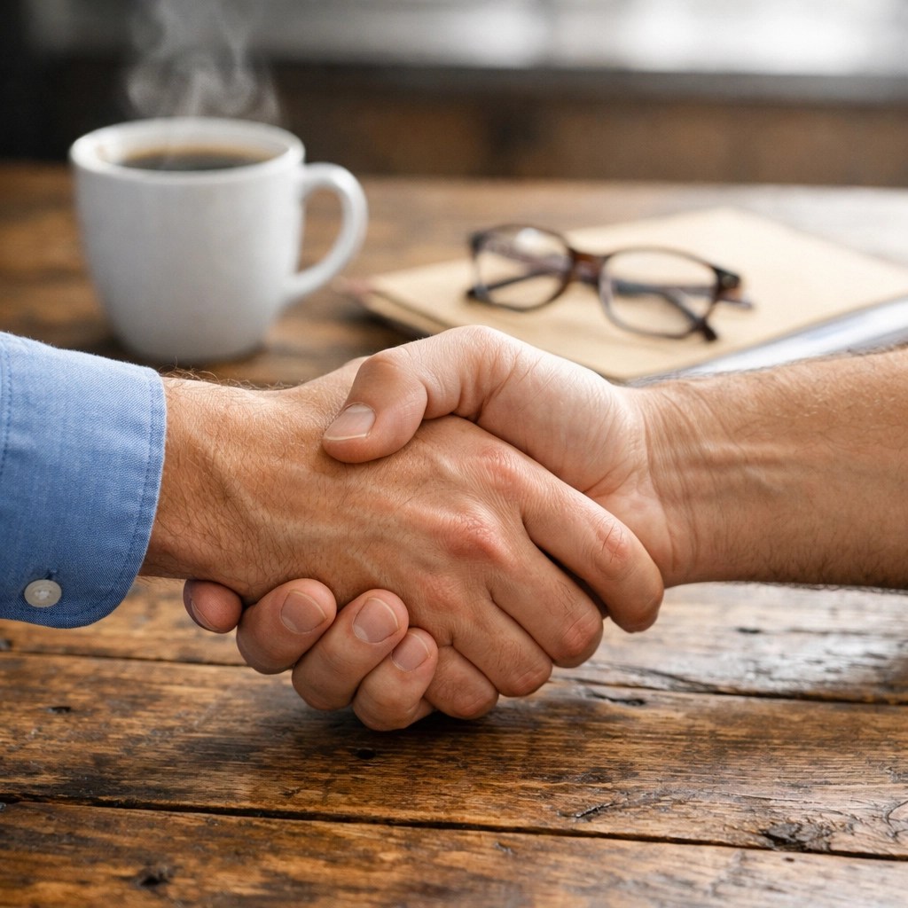 Trusted handshake between an insurance advisor and homeowner over a kitchen table, securing a mortgage plan.