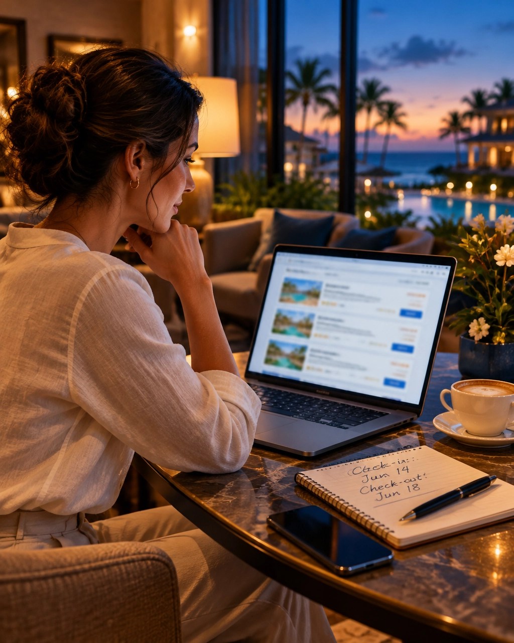 A traveler checks hotel details on a laptop in a warmly lit hotel lounge