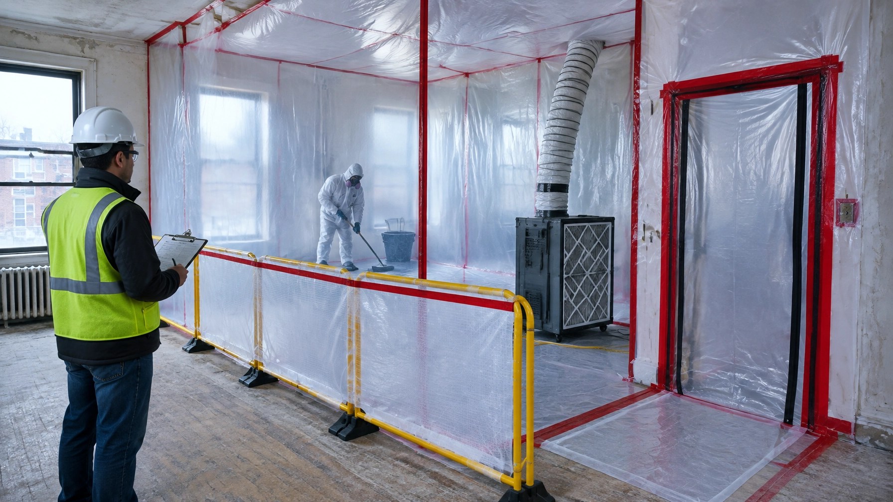 Lead-safe renovation containment with plastic barriers and HEPA filtration inside a Newark multifamily building