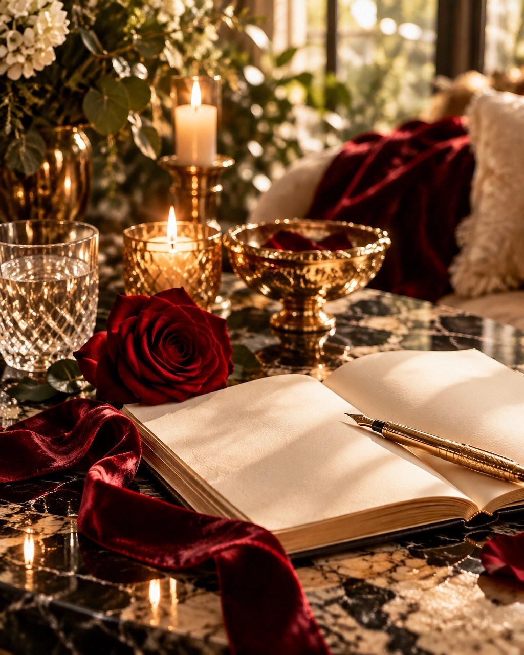 Luxury Sunday self-devotion ritual with a journal, silk, roses, and gold symbolizing divine feminine awakening and feminine energy