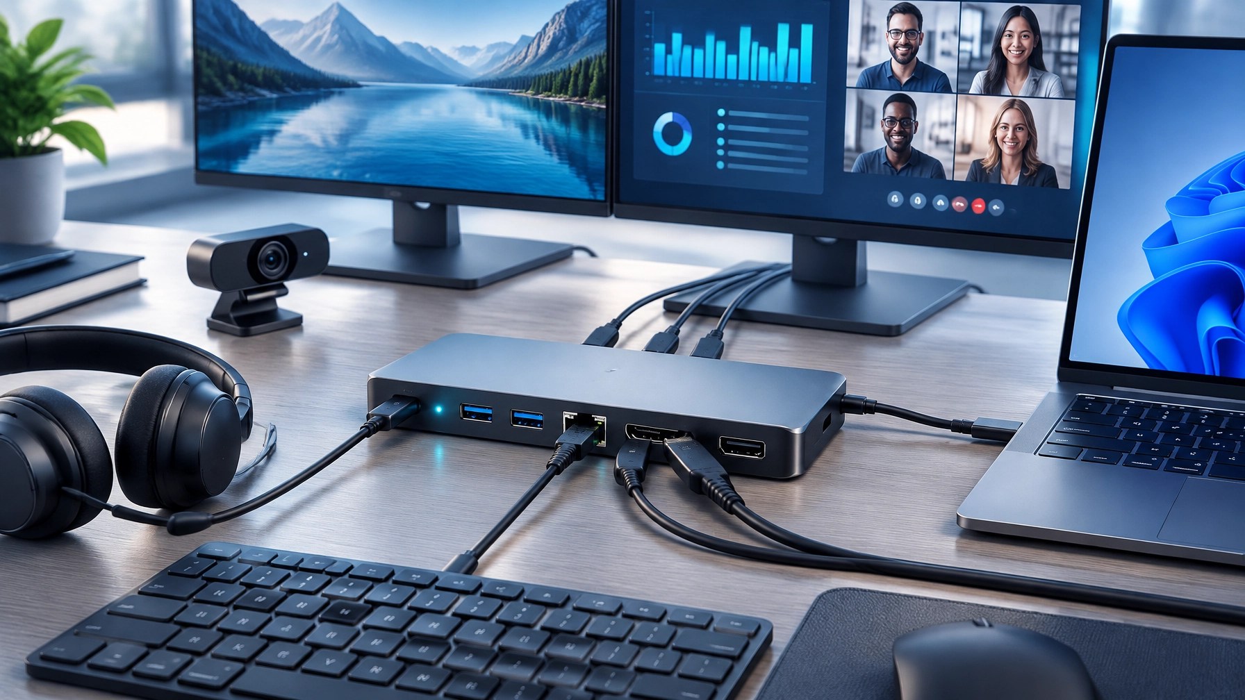 USB-C docking station connected to a laptop, dual monitors, Ethernet, keyboard, webcam, and headset in a hybrid home office