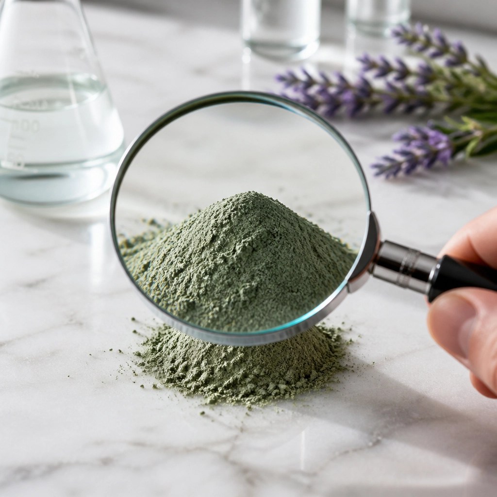 Magnifying glass over green clay powder symbolizing purity testing