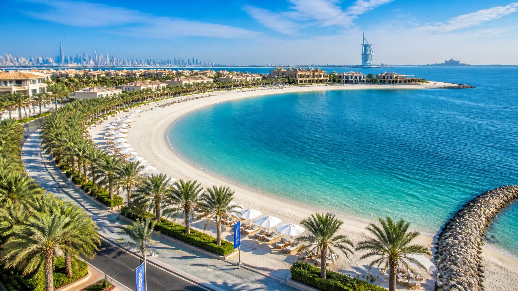 Bright daytime palm-lined beach curve on Palm Jumeirah with sweeping shoreline, calm Arabian Gulf water and refined resort atmosphere