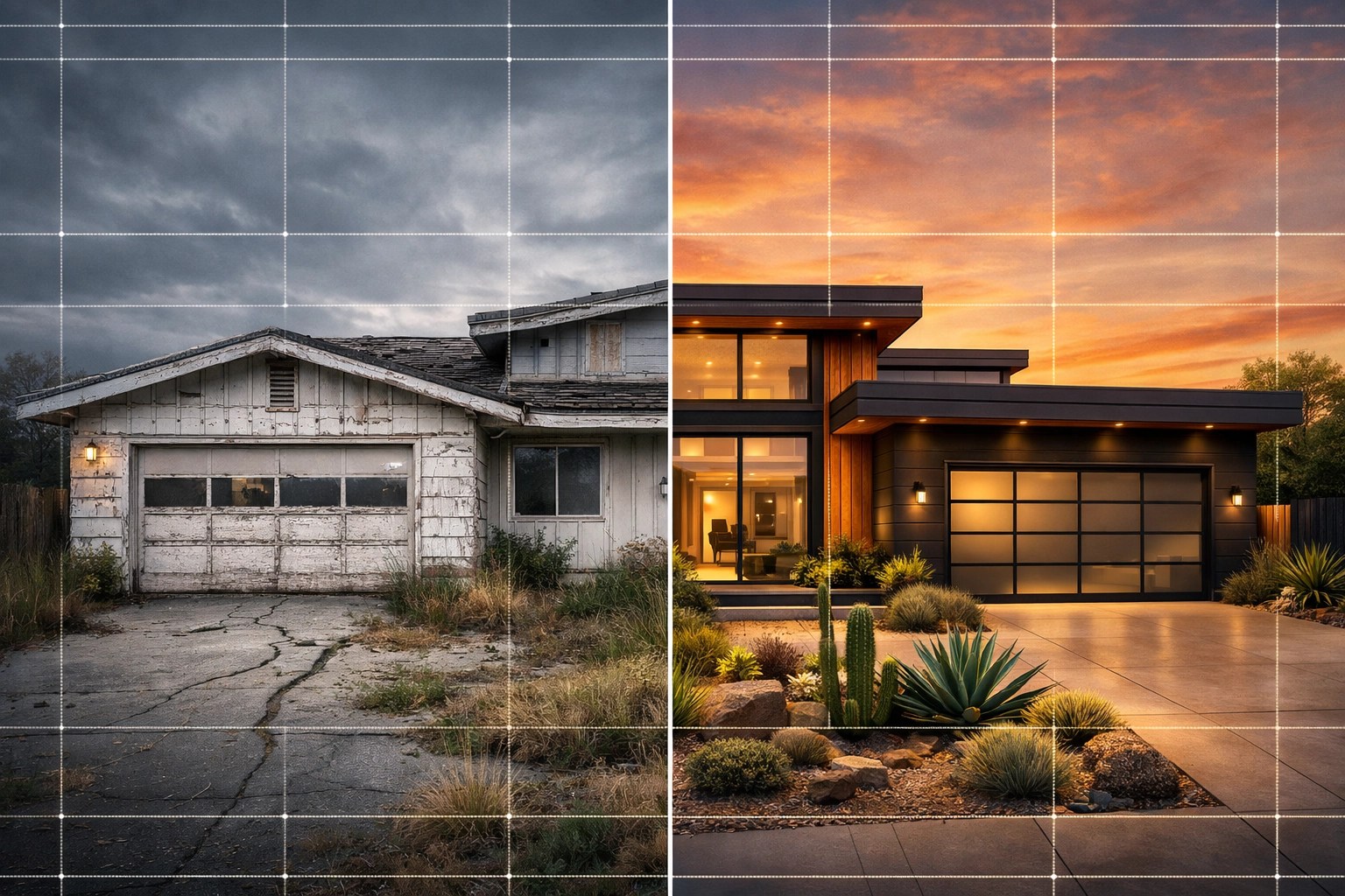 Split screen showing a dilapidated fixer-upper property next to a modern luxury renovation for real estate investing.