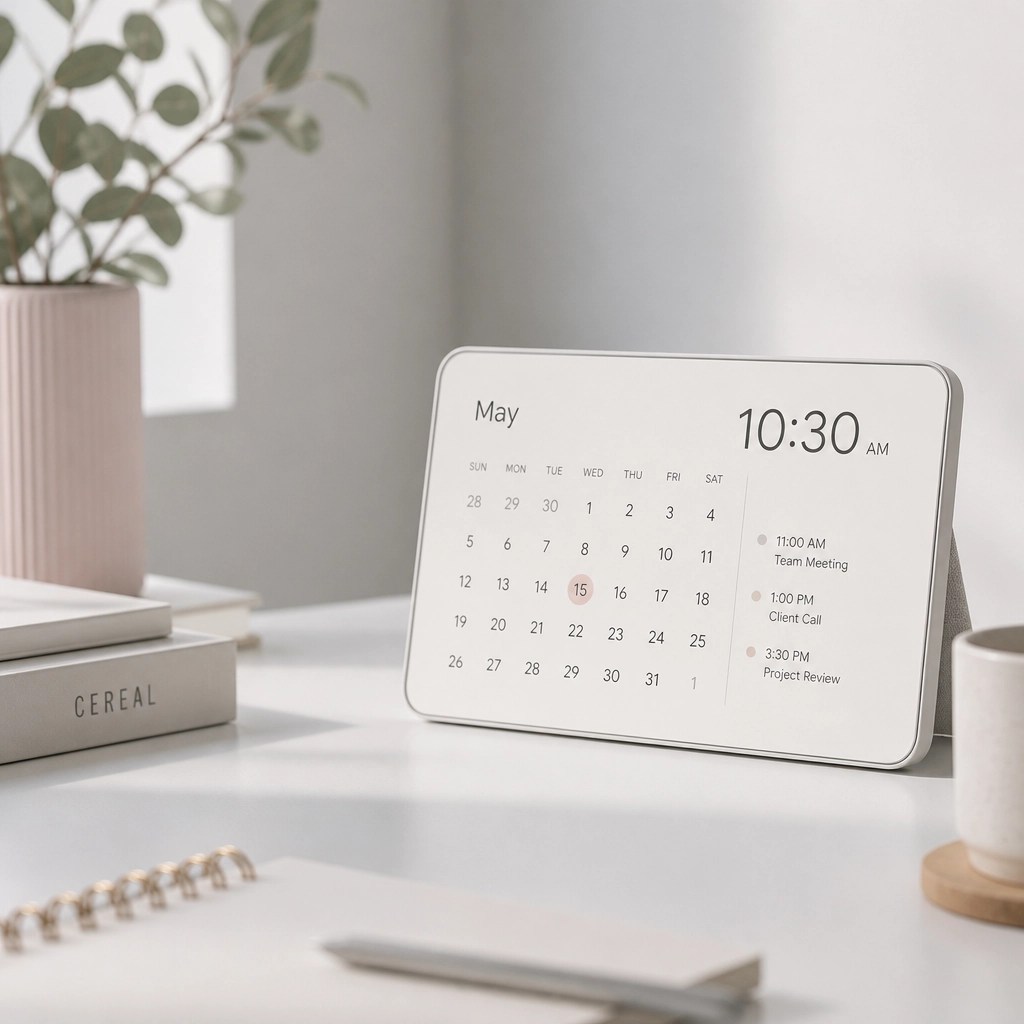 A minimalist photo of a sleek calendar and clock, symbolizing the reliability of scheduled medical transportation.
