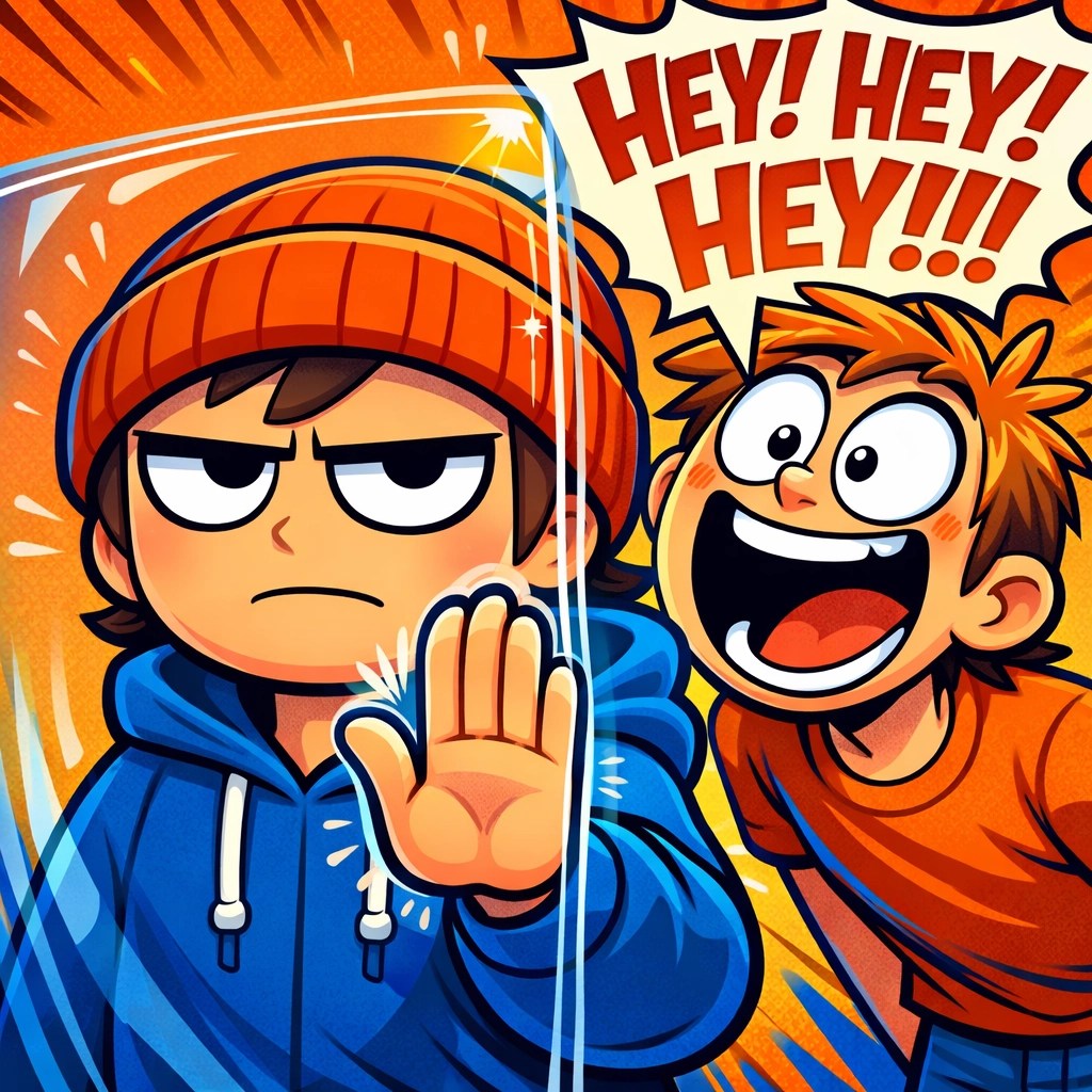 Grumpy cartoon character blocking an annoying talker, illustrating offensive funny shirts as a visual barrier.