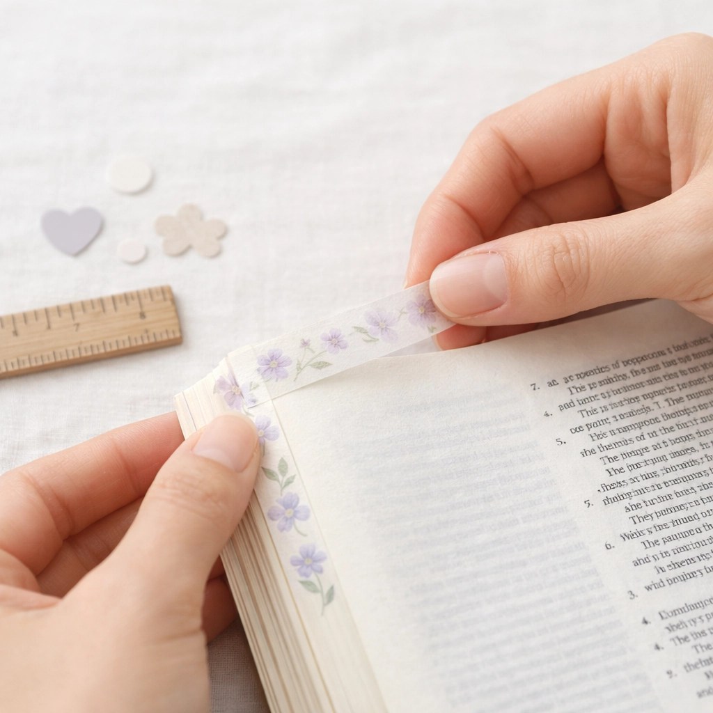 Adding floral washi tape and stickers to a Bible page, an easy way to customize your Bible study planner.