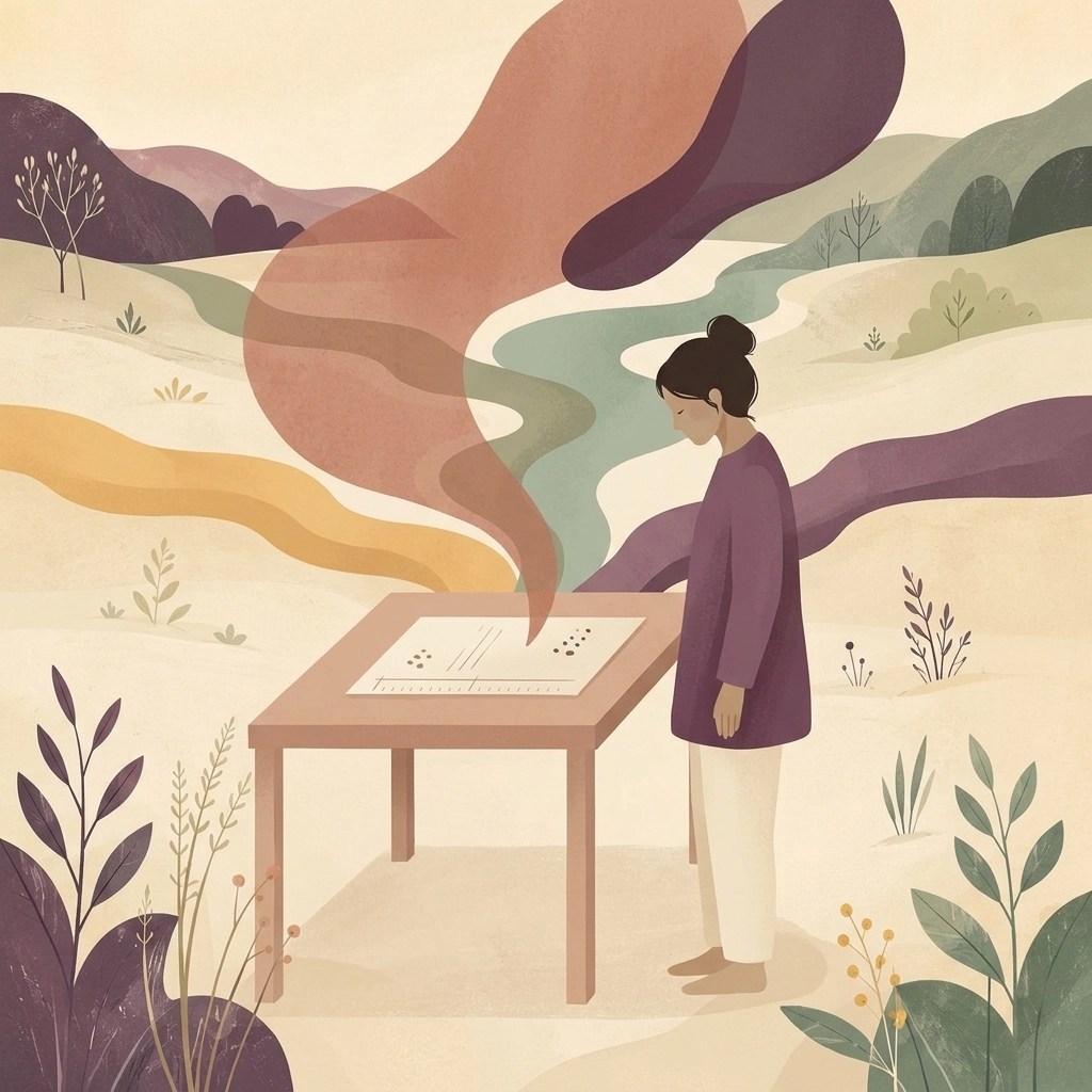 A figure pauses before a page marked with faint measuring lines