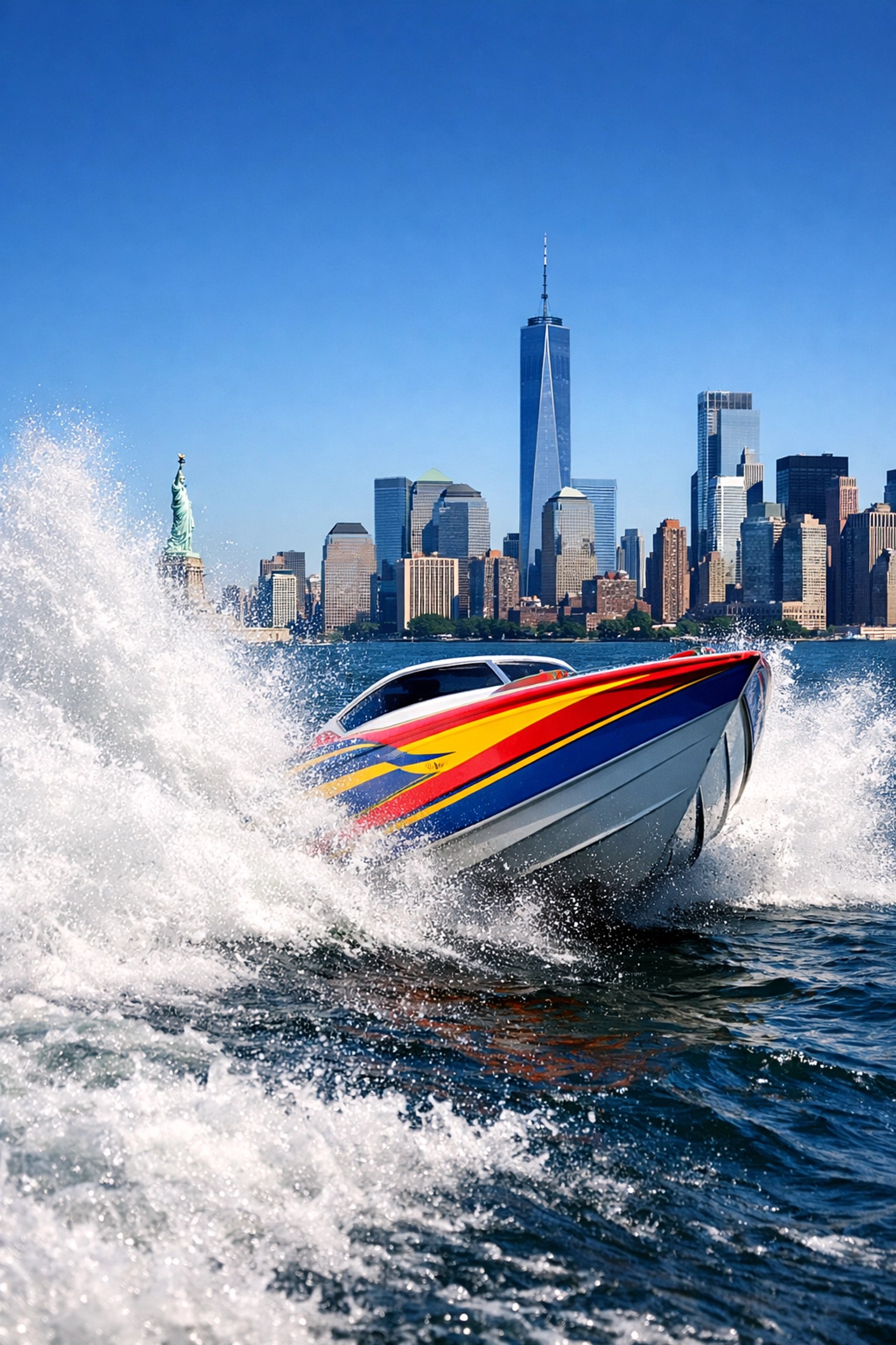 The Beast speedboat racing on the Hudson River with the NYC skyline and Statue of Liberty in the background.