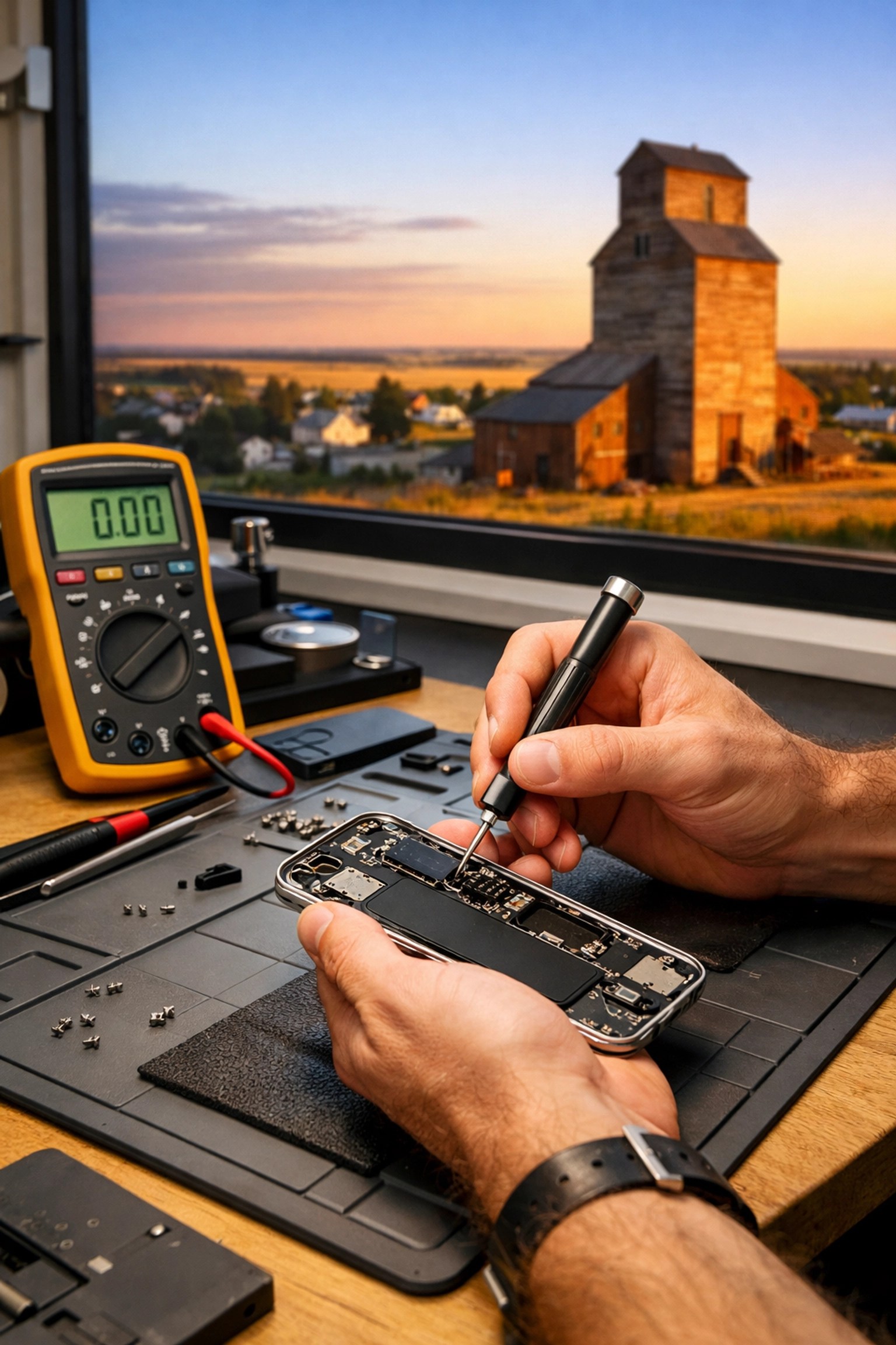 Professional phone repair technician fixing an iPhone 15 in a Raymond and Stirling local workshop.