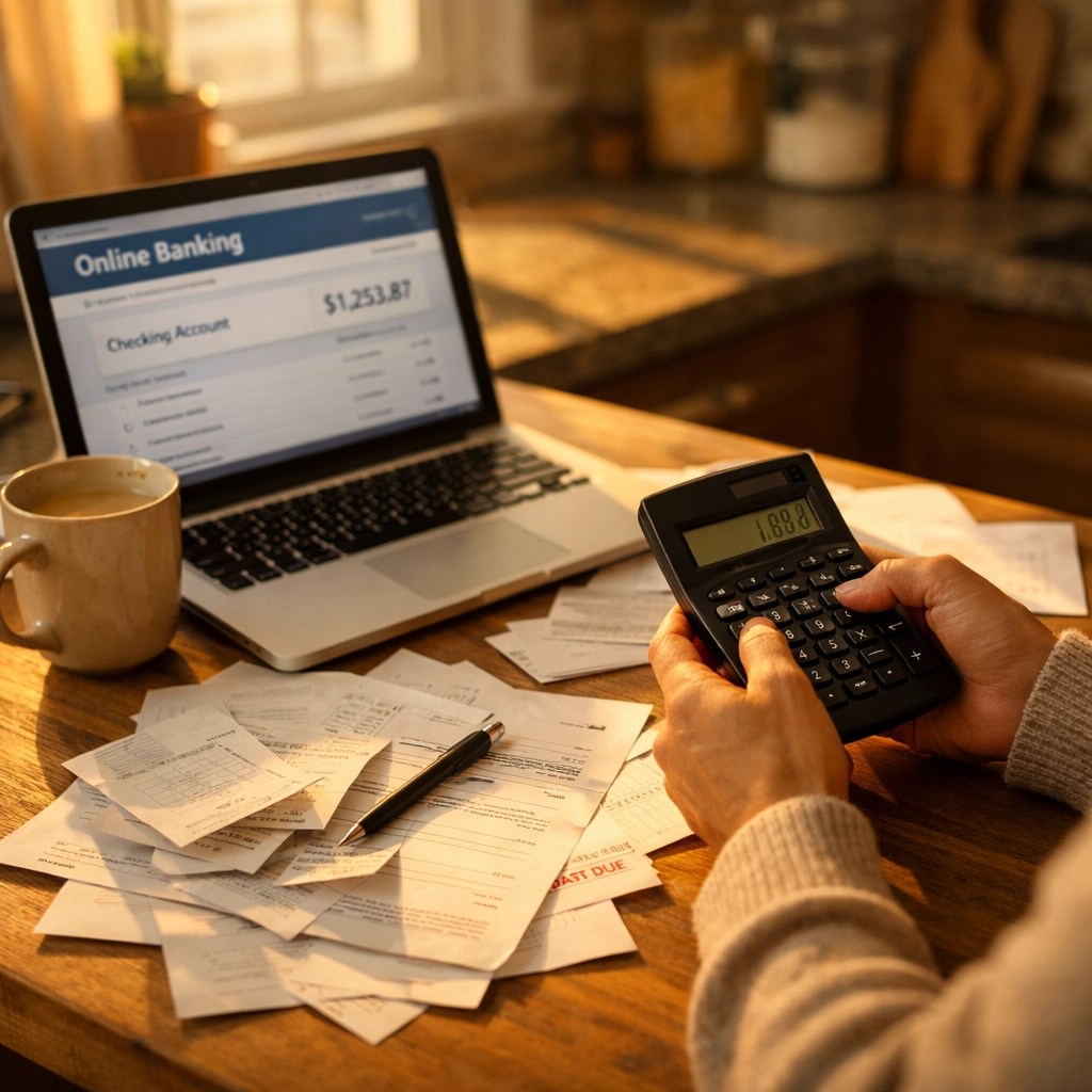 Person reviewing bills and banking statements with calculator to find cash flow leaks