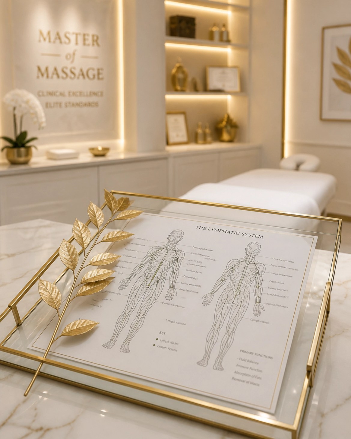A glass tray with a clinical chart of the lymphatic system in a pristine, white and gold treatment room.