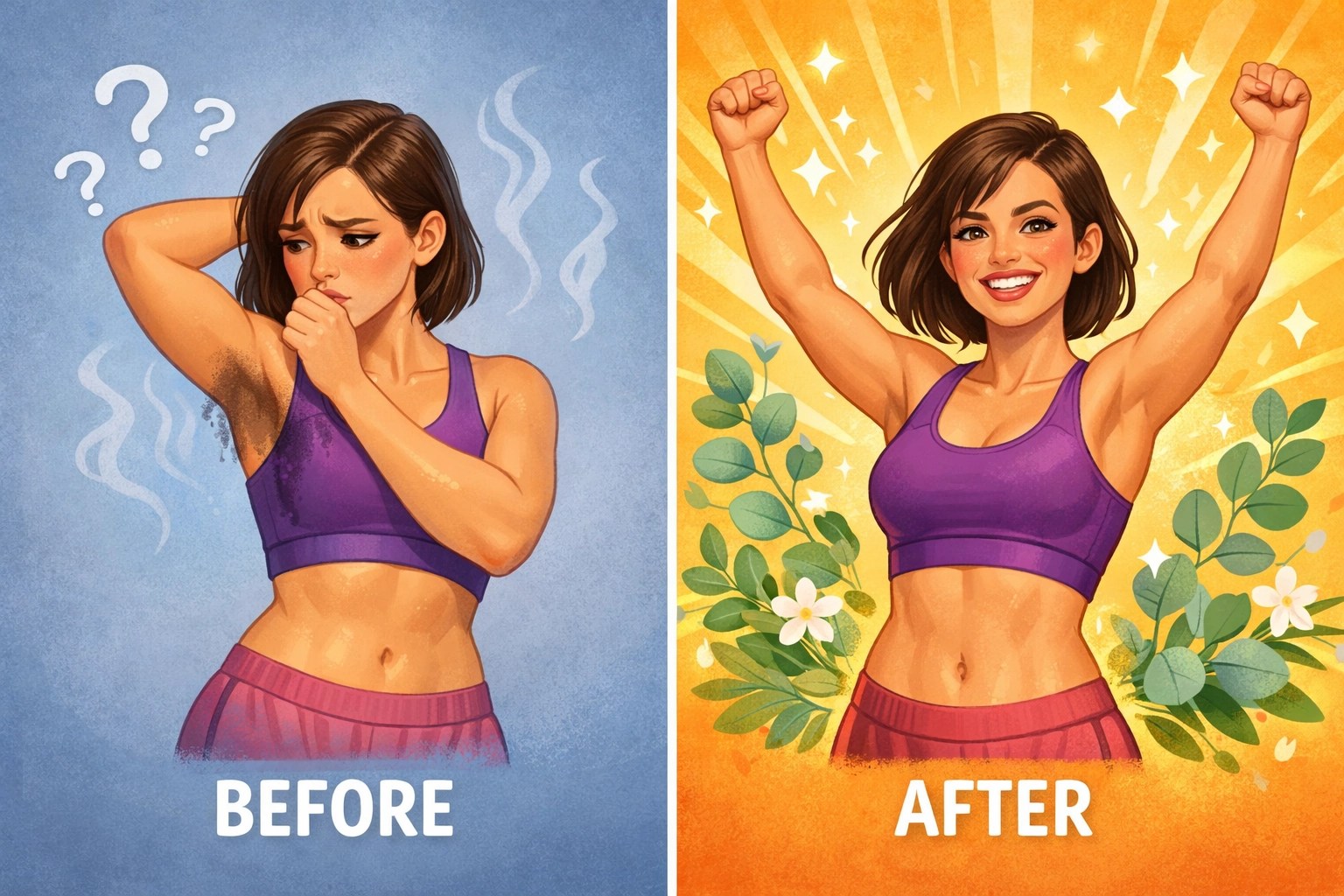 Woman showing confidence before and after using natural deodorant for active lifestyle