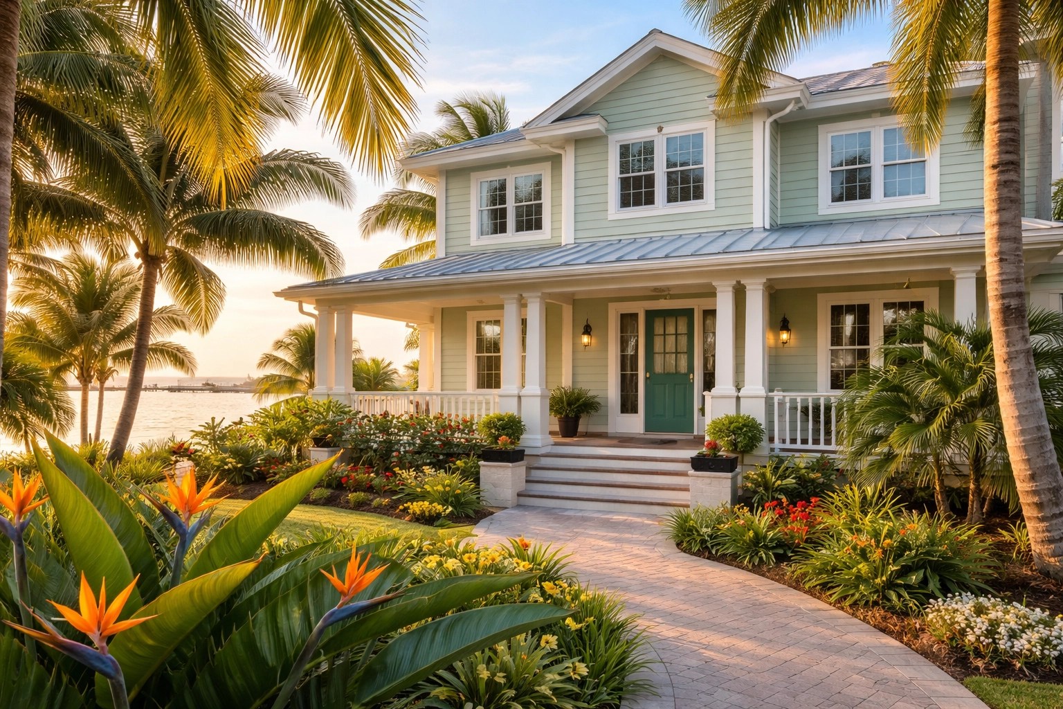 Jensen Beach home exterior painted in sage green with white trim and tropical landscaping, reflecting 2026 coastal trends