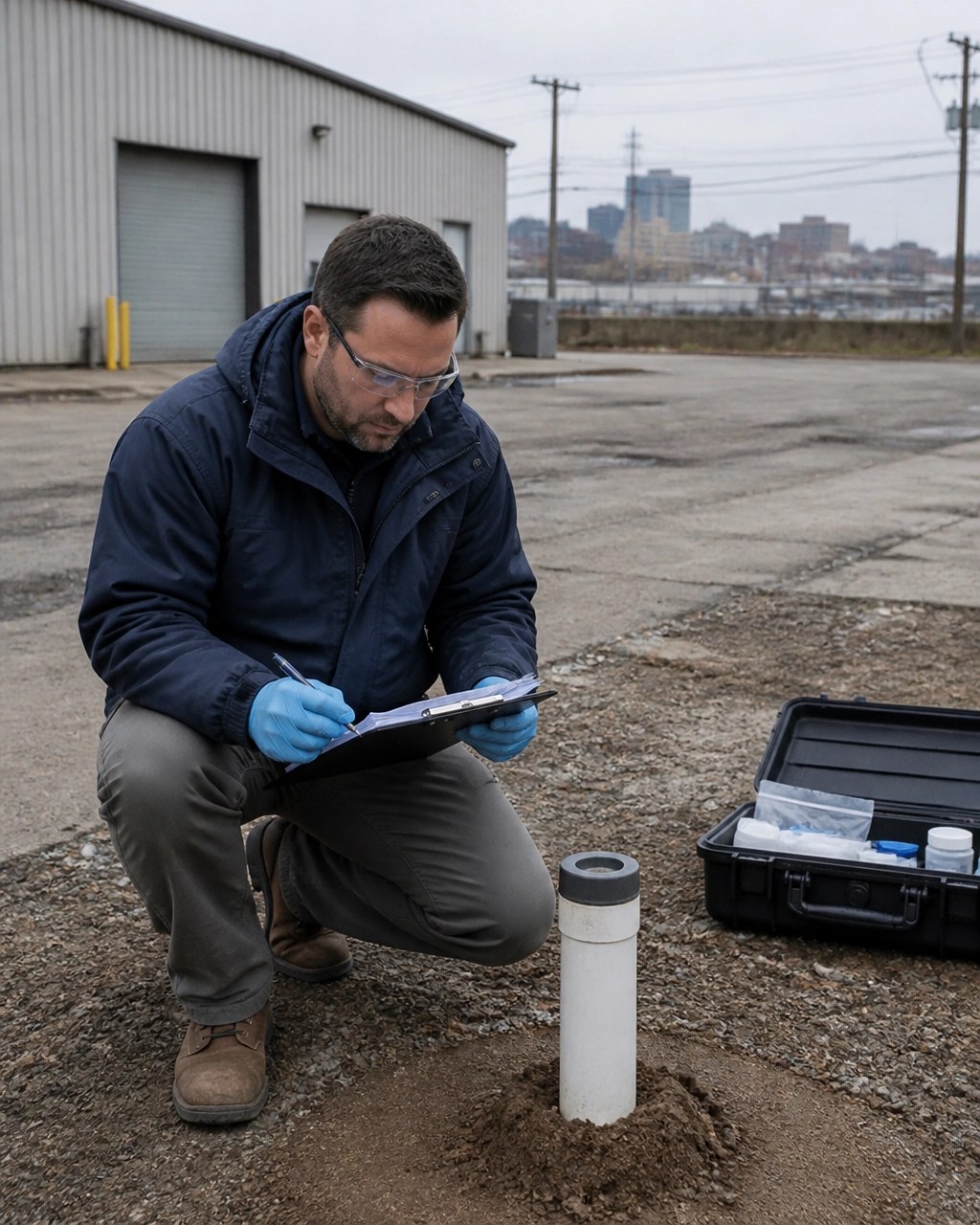 Licensed site remediation professional inspecting a monitoring well beside a New Jersey industrial warehouse