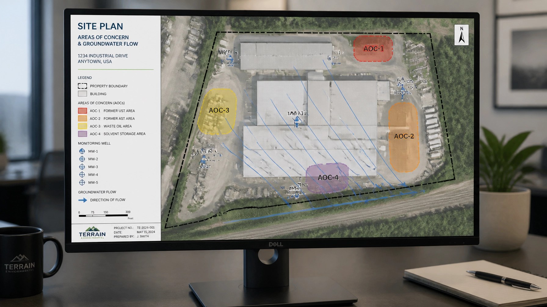 A technical GIS mapping visual showing property site plans and color-coded Areas of Concern (AOCs).