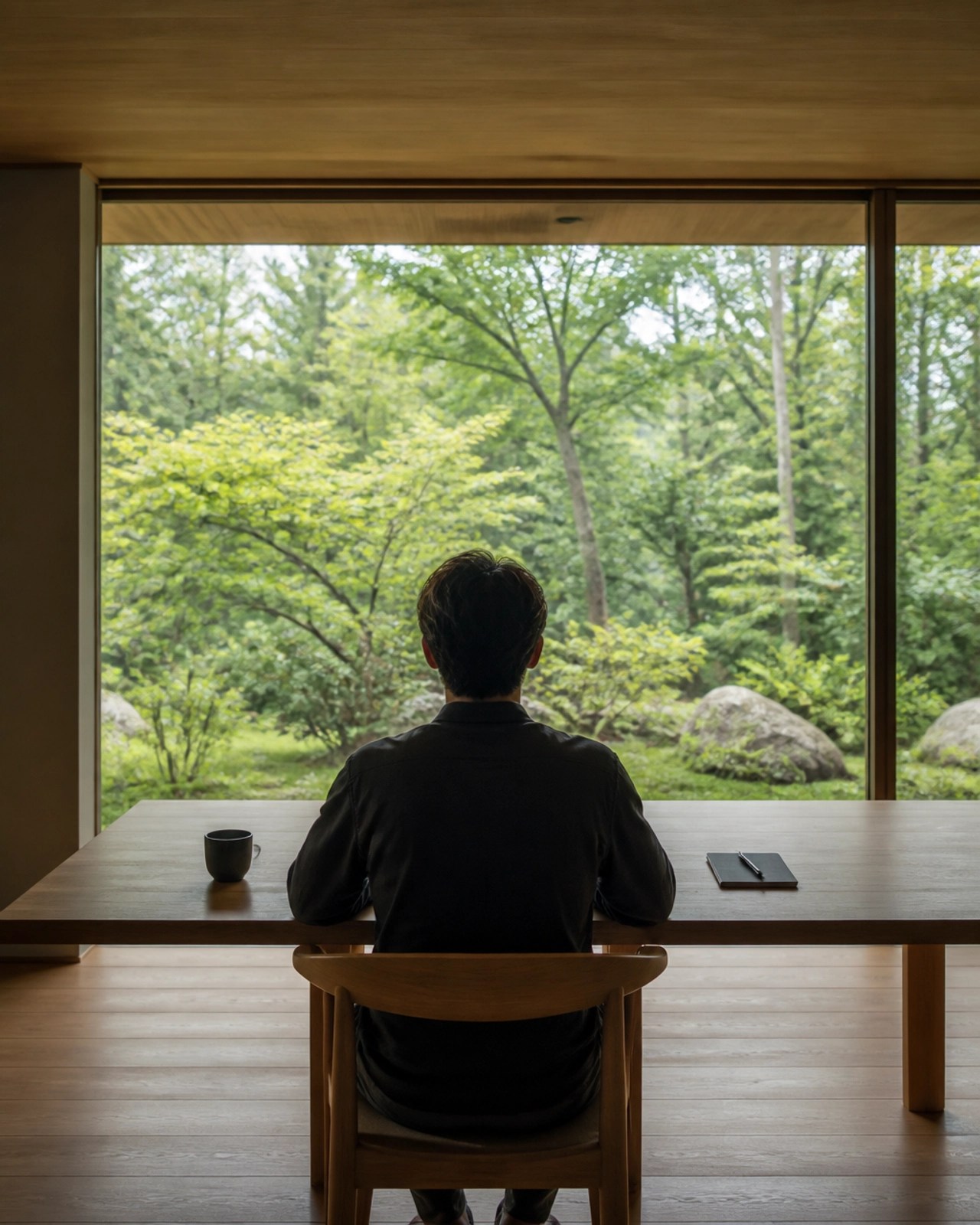 A person sitting calmly looking out at a garden, representing the freedom that comes from strategic financial planning.