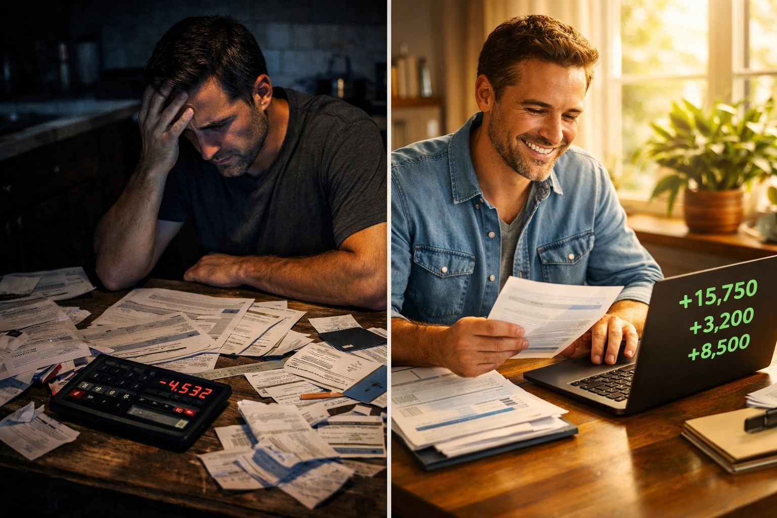 Debt elimination transformation showing stressed bills to confident financial control