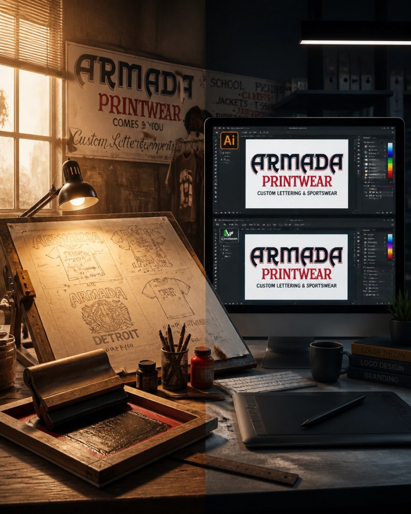 A split-screen visual showing vintage screen printing tools versus modern digital design software