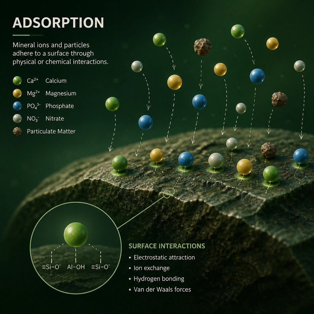 Conceptual illustration of mineral ions interacting during the adsorption process