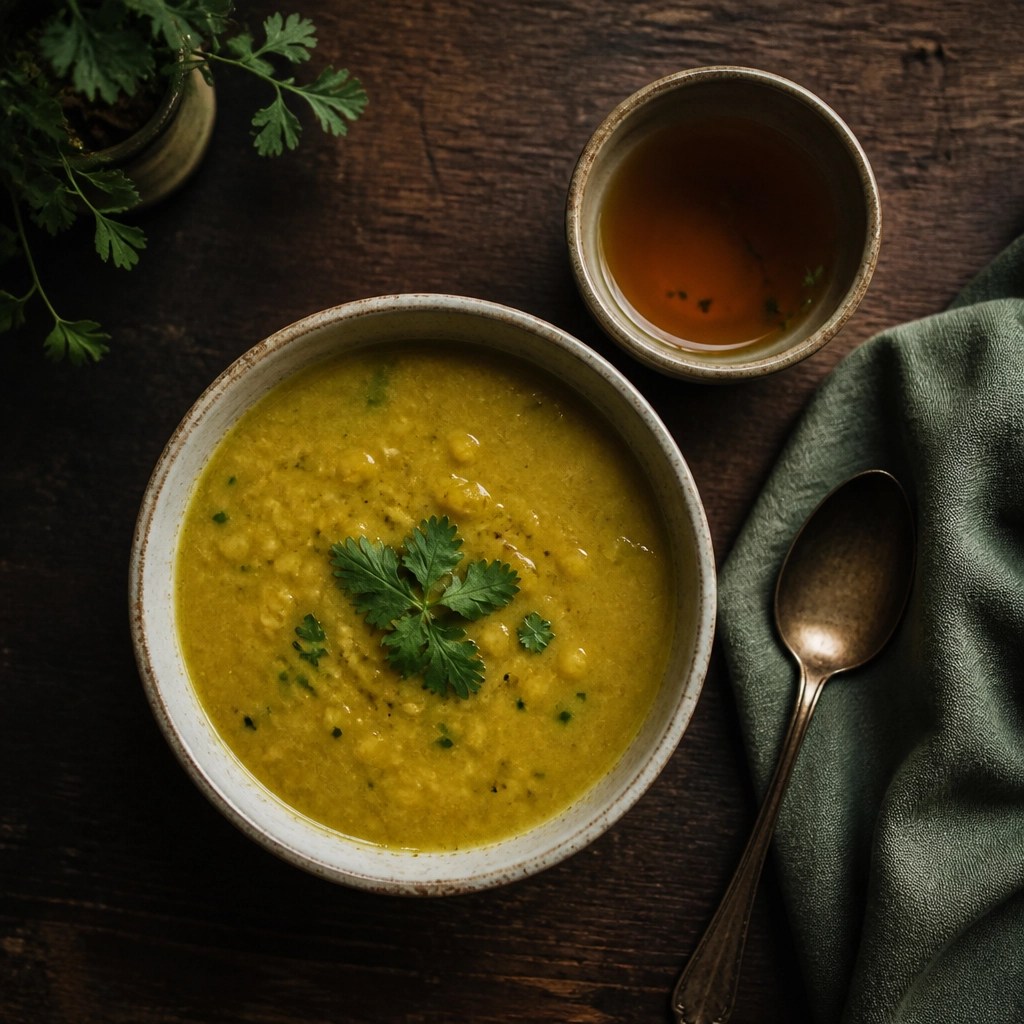 An overhead shot of a warm ceramic bowl of golden mung dal soup and a cup of herbal tea on a rustic wooden table.