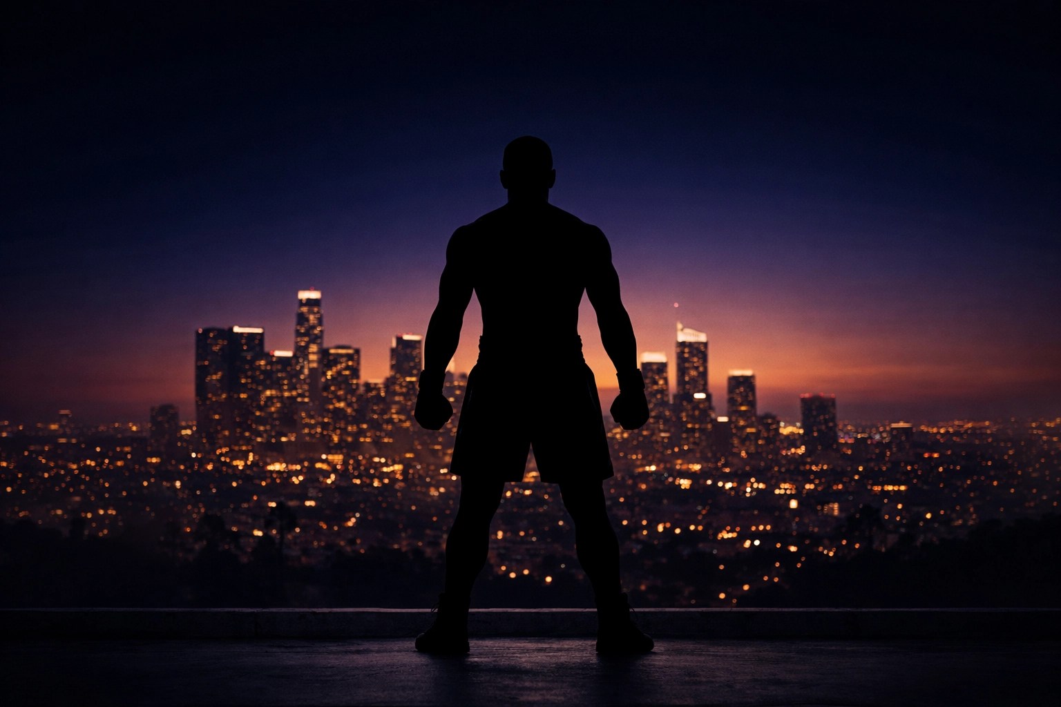 Silhouette of a warrior on a Los Angeles rooftop at dusk, marking the West Coast as the new home for the fight game.
