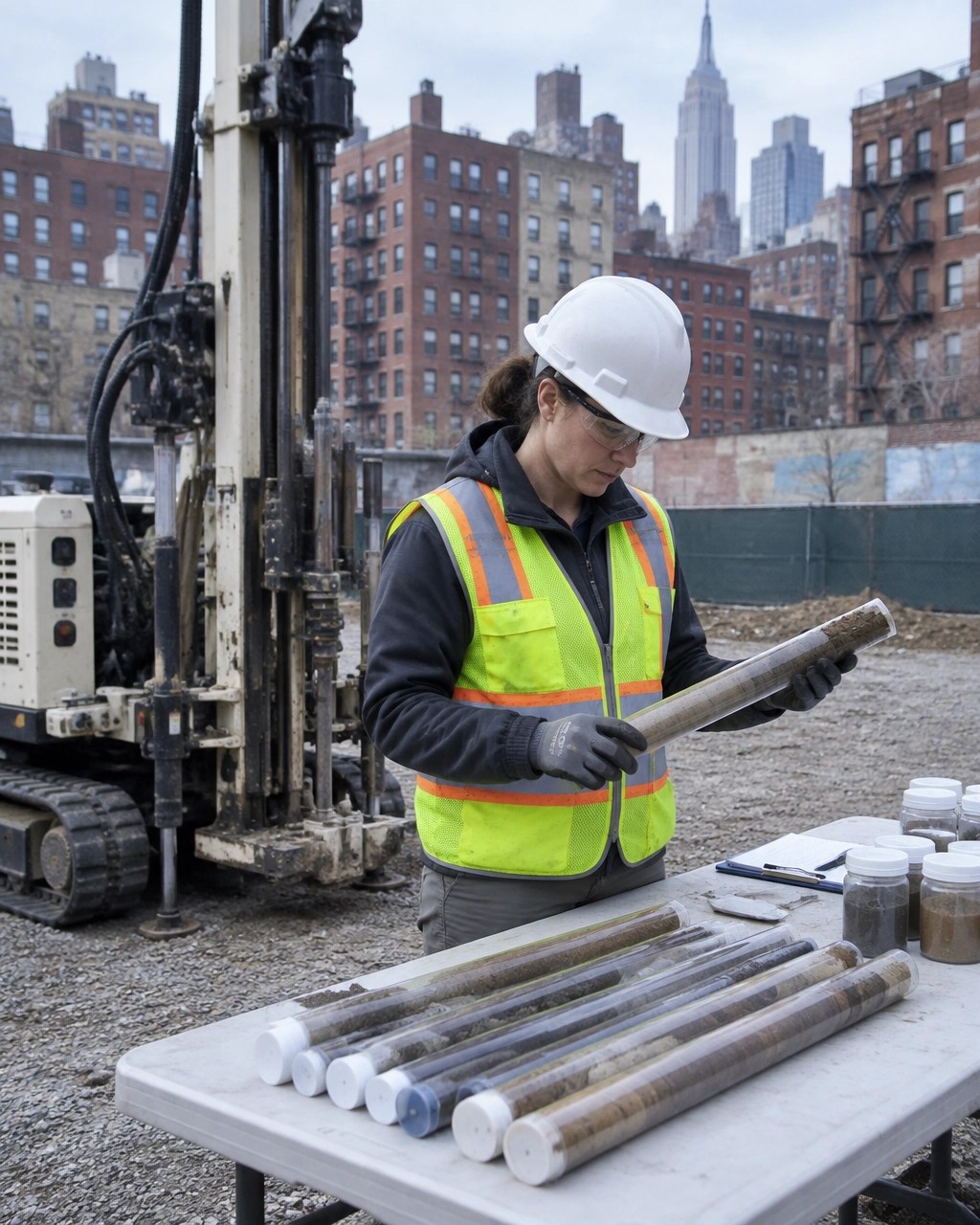 Environmental professional reviewing soil cores and samples during an urban NYC Phase II site investigation