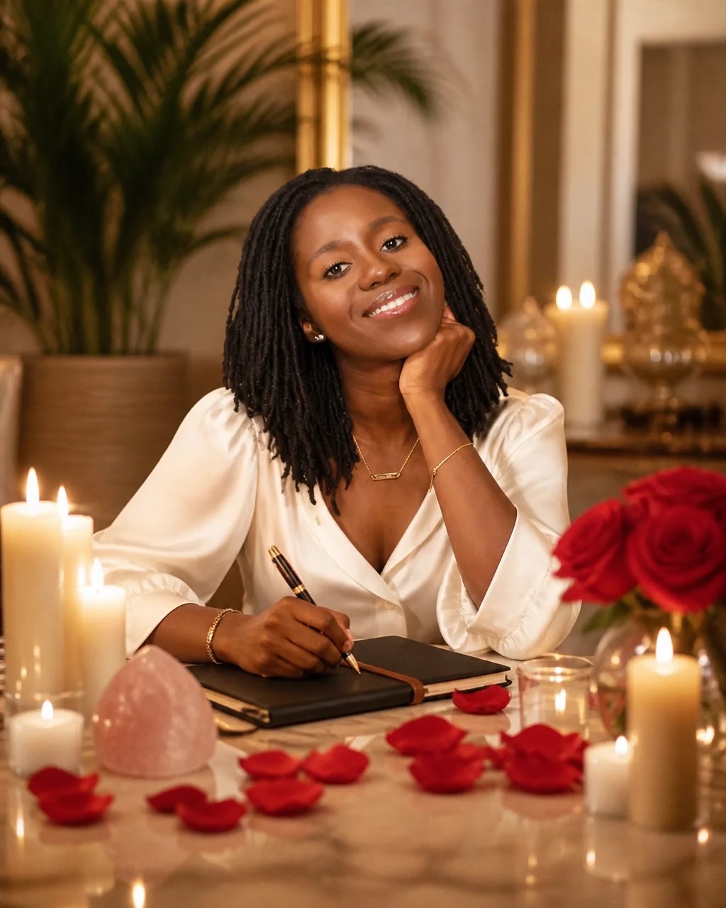 Woman resting with rose quartz on her heart in a cream velvet penthouse for manifesting love and feminine energy