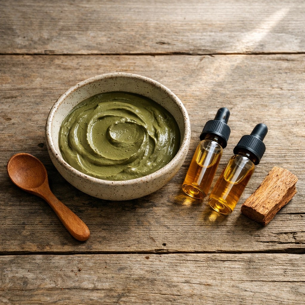 DIY French green clay mask mixed in a ceramic bowl with sandalwood and essential oils.