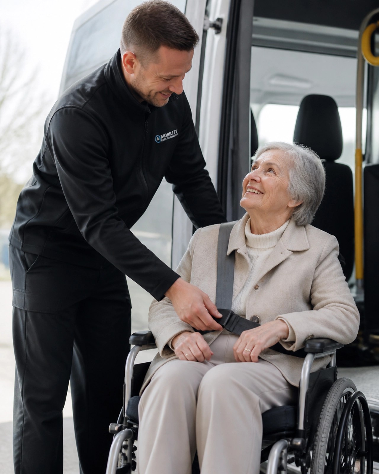 A professional driver helping an elderly patient in a wheelchair into a specialized van