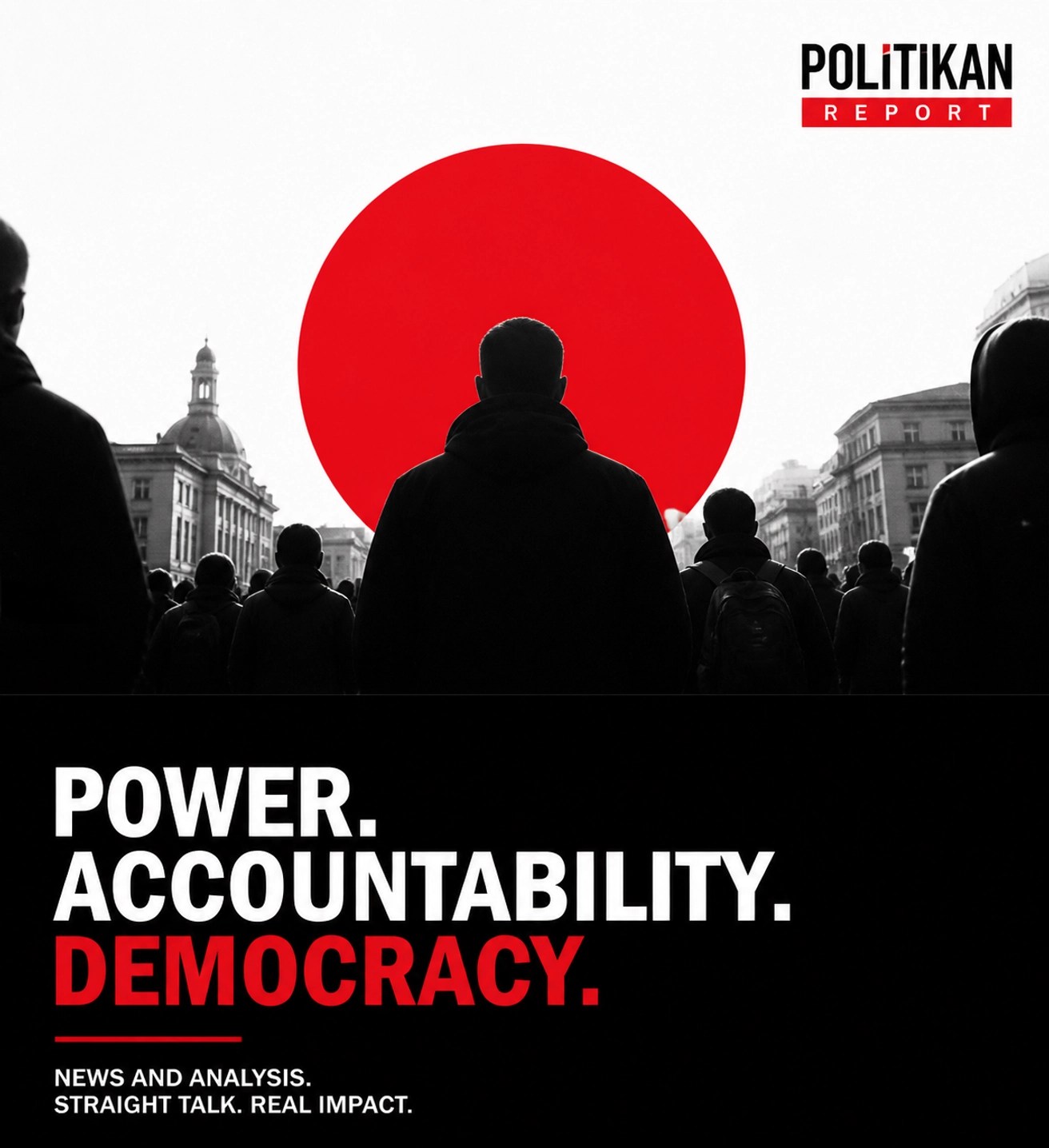 Silhouette of a crowd gathered in a city square, symbolizing community awareness and political engagement.