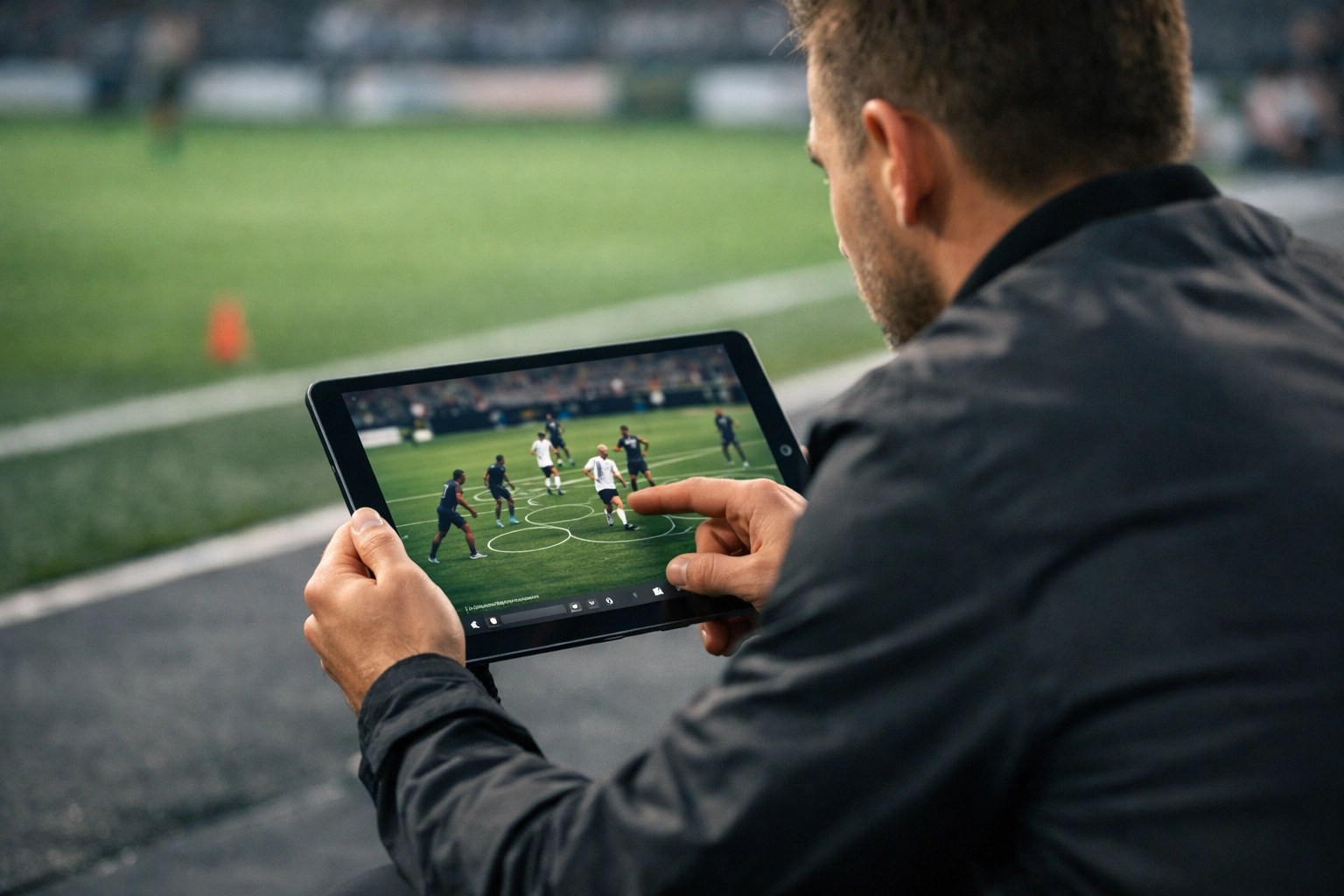 Sports coach analyzing player formations on a tablet using 4K panoramic camera footage.