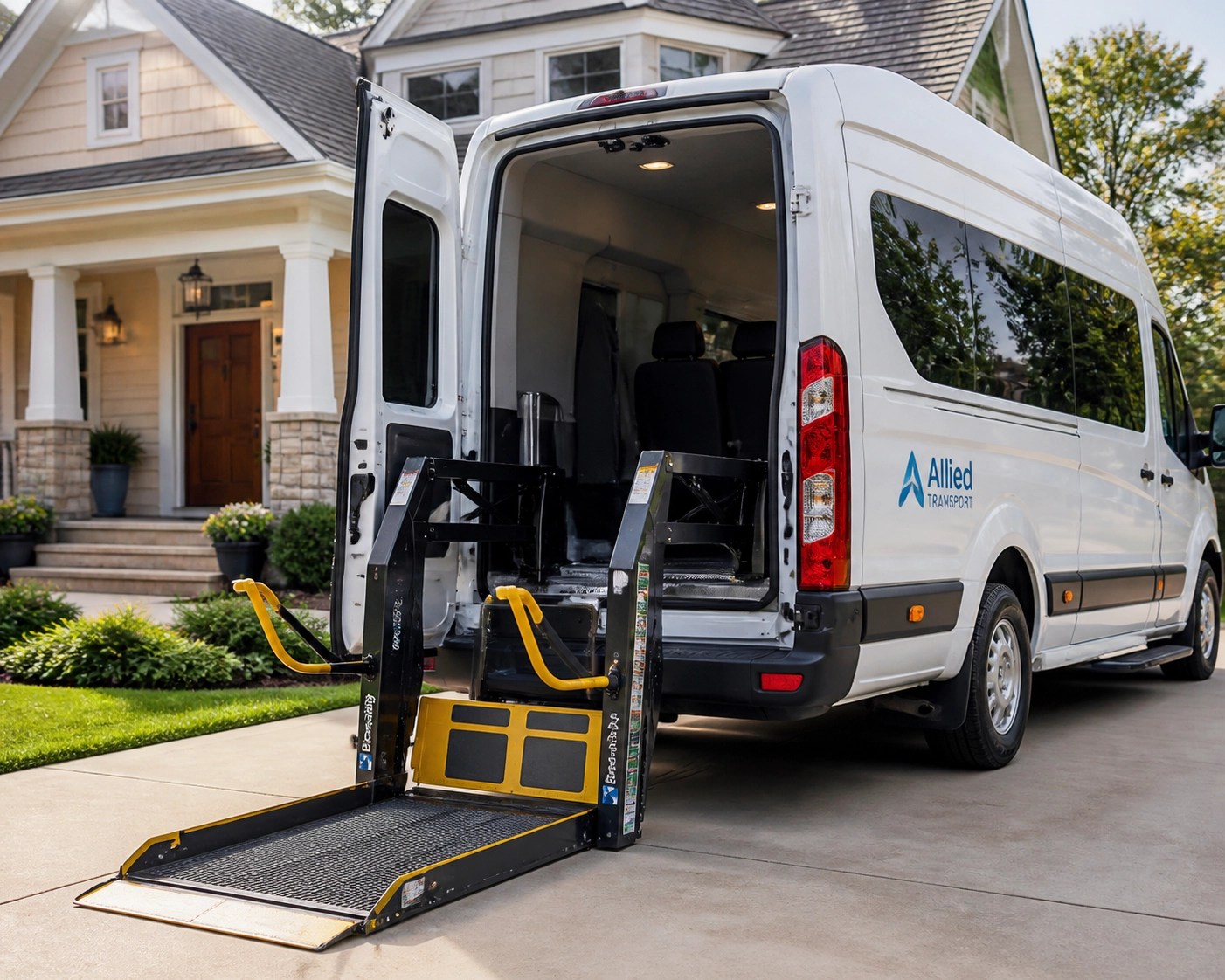 Modern NEMT vehicle with a wheelchair lift deployed at a residential home for medical transport.
