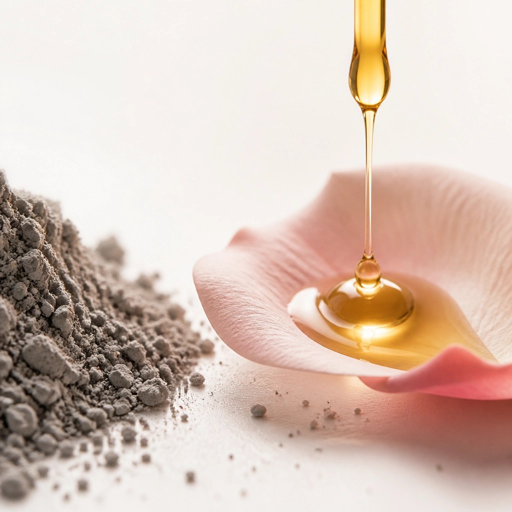 A close-up, artistic shot. On one side, a handful of soft grey ash, and on the other, a beautiful, shimmering drop of golden oil (anointing) falling onto a Petal Pink rose petal. Minimalist and high-fashion magazine aesthetic.